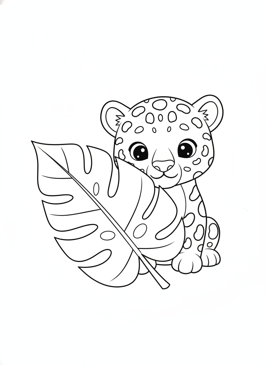 Cute Baby Jaguar Peeking from Leaf - Easy Kids' Coloring Page