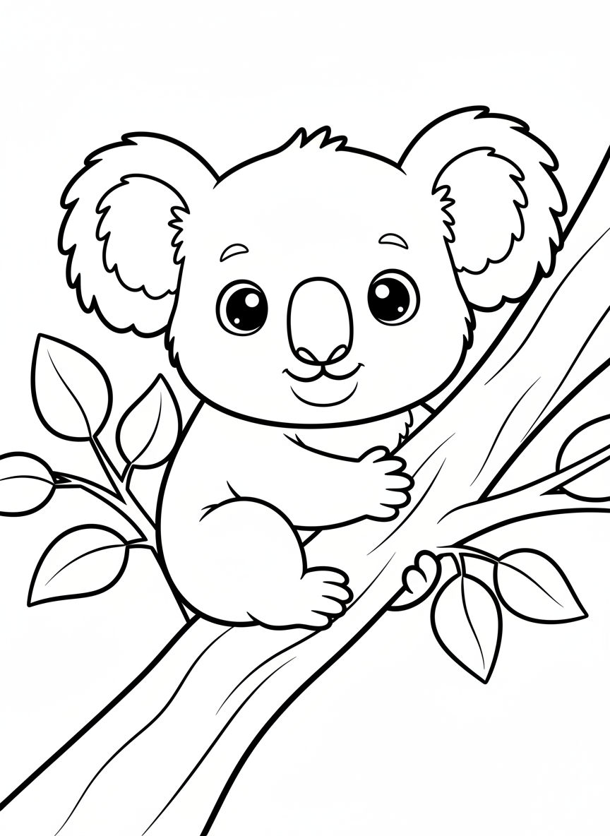 Cute Baby Koala Hugging Eucalyptus Branch Coloring Page for Toddlers