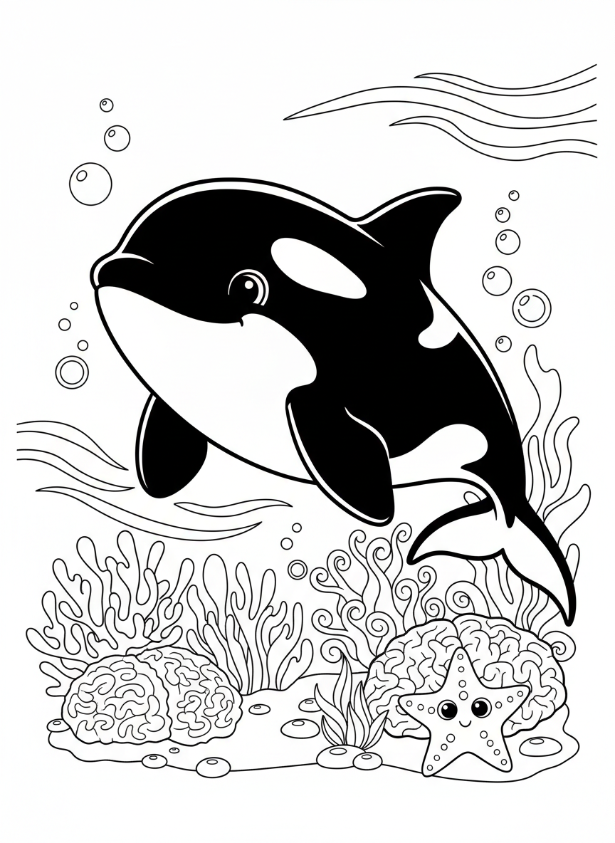 Cute Baby Orca & Coral Reef Coloring Page