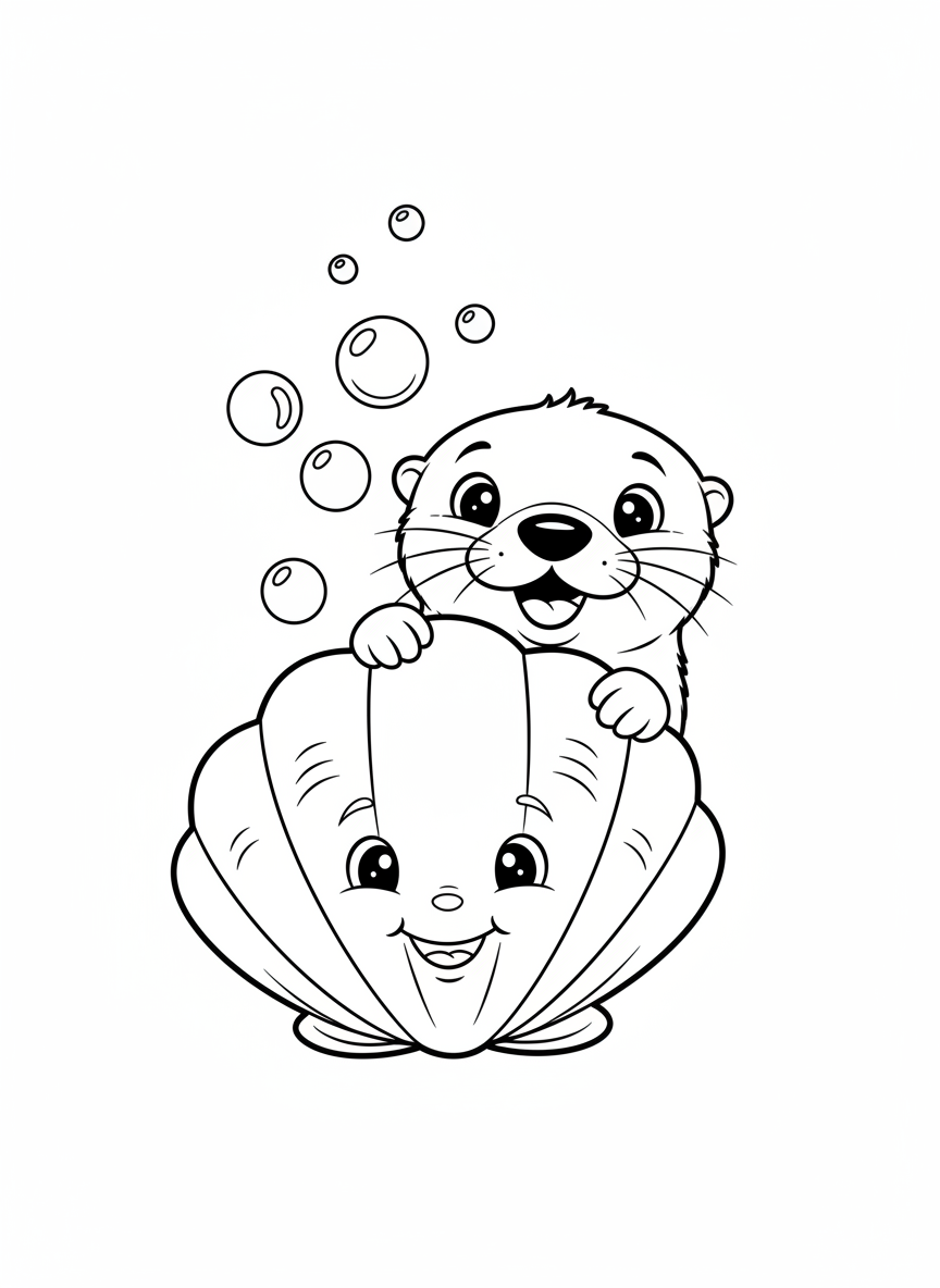 Cute Baby Otter in Seashell Coloring Page