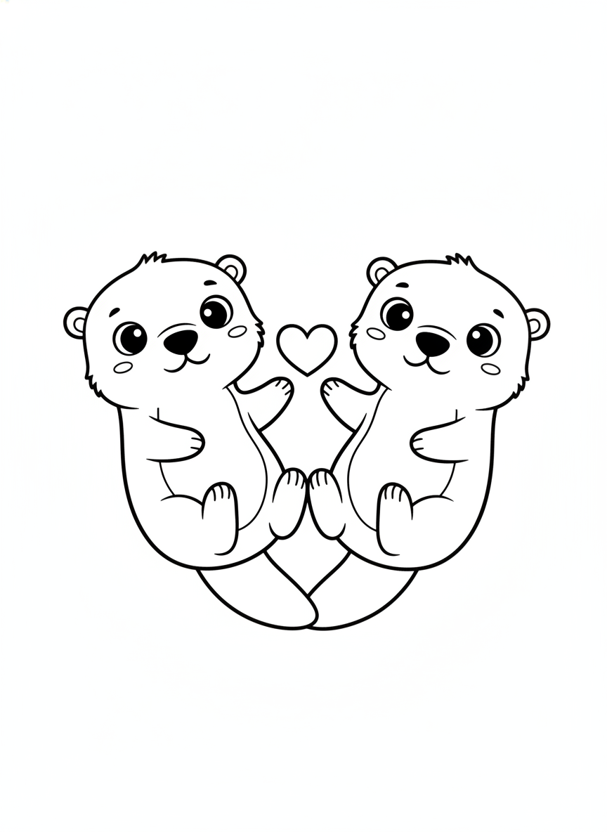 Cute Baby Otters Holding Hands with a Heart Coloring Page