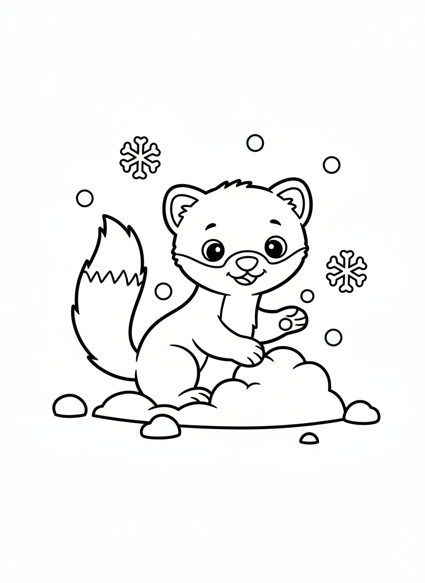 可愛小松貂雪中玩耍著色頁