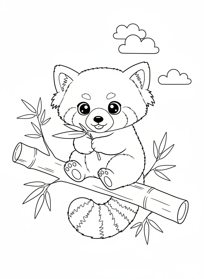 Cute Baby Red Panda on Bamboo Coloring Page