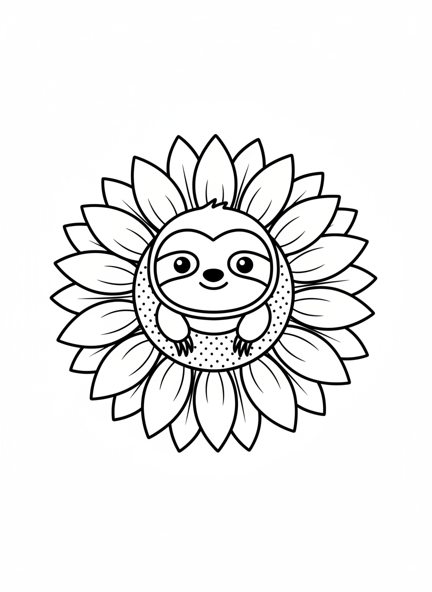 Cute Baby Sloth in Sunflower Coloring Page