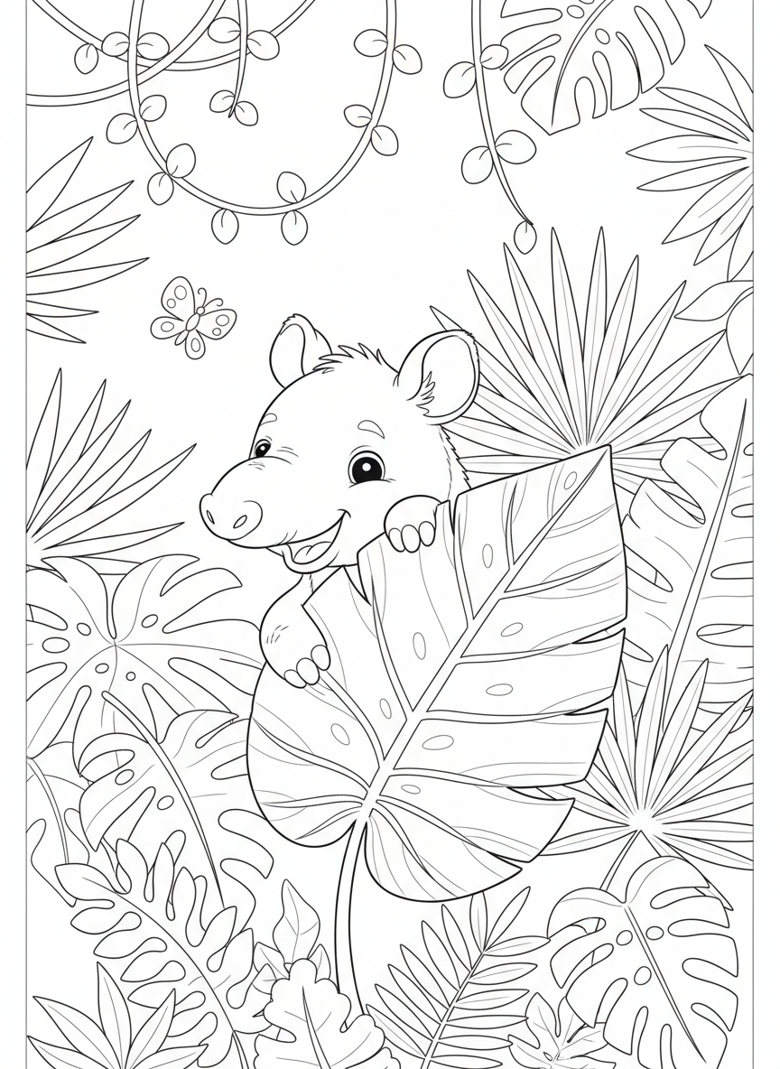 Cute Baby Tapir Hide-and-Seek Coloring Page