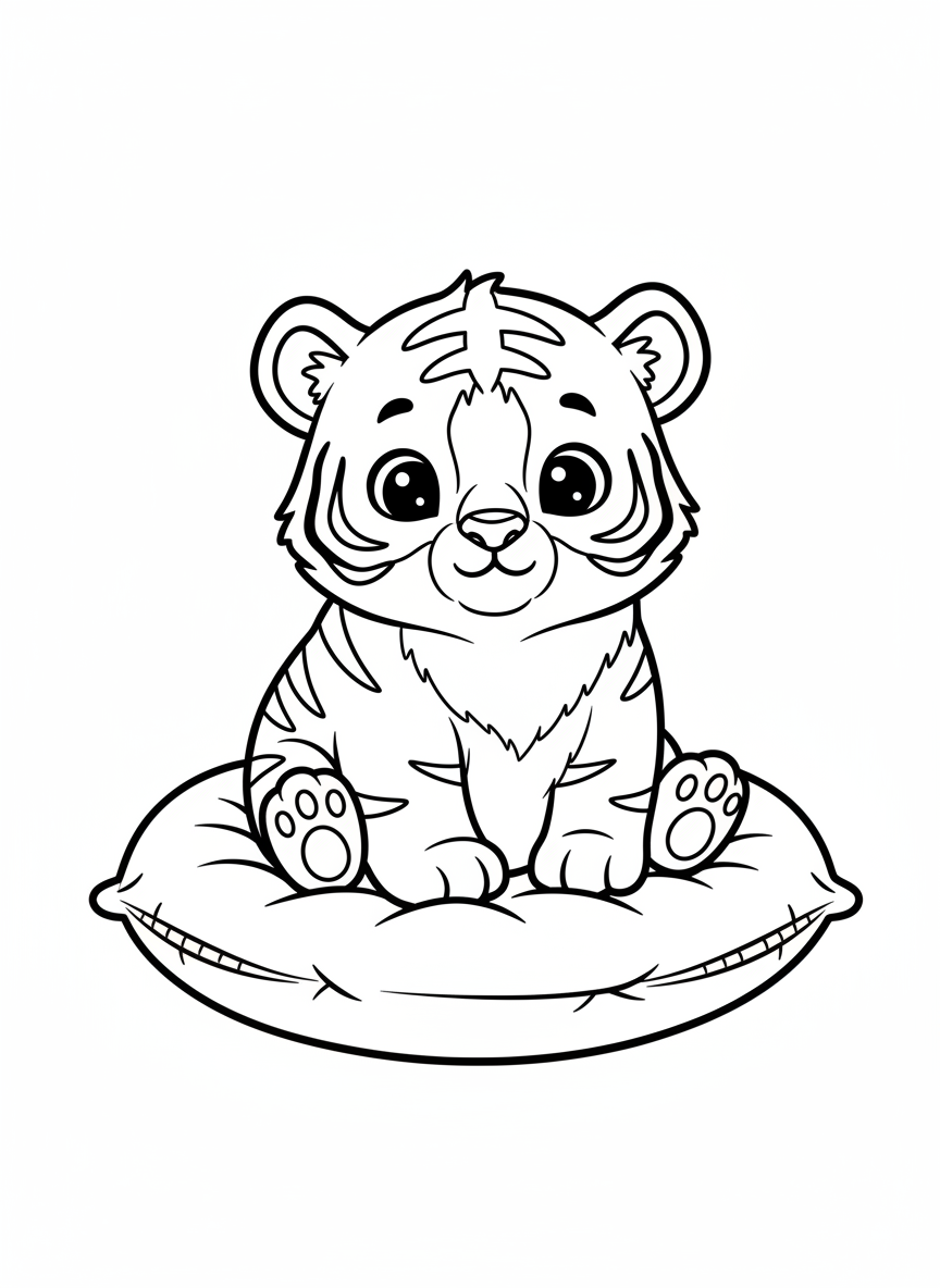 Cute Baby Tiger Cub on Pillow Coloring Page