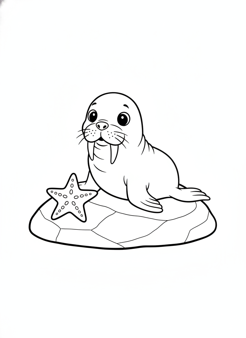 Cute Baby Walrus & Starfish Coloring Page for Kids