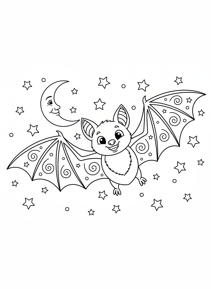 Cute Bat in Starry Night Sky Coloring Page for Kids