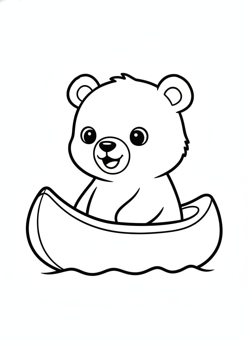 Cute Bear Cub in a Canoe Coloring Page for Kids