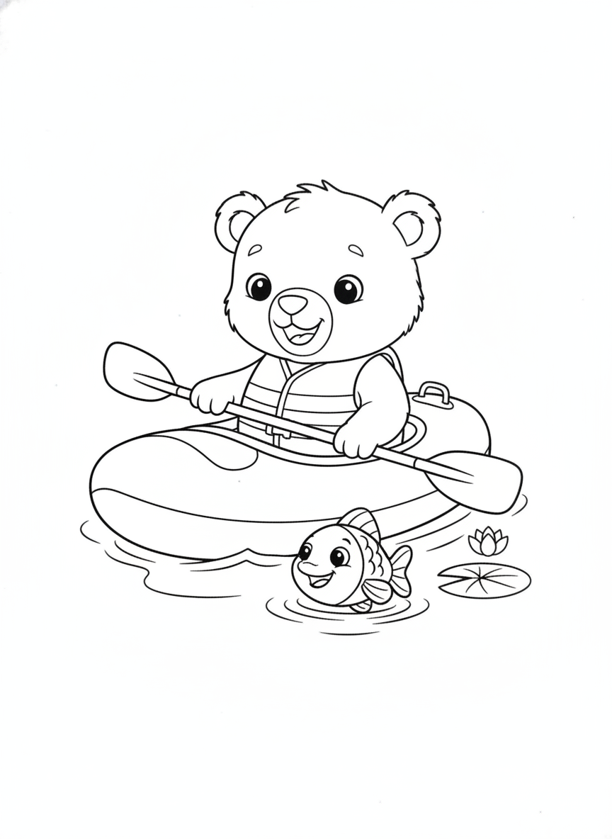 Cute Bear Cub Kayaking Adventure Coloring Page for Kids