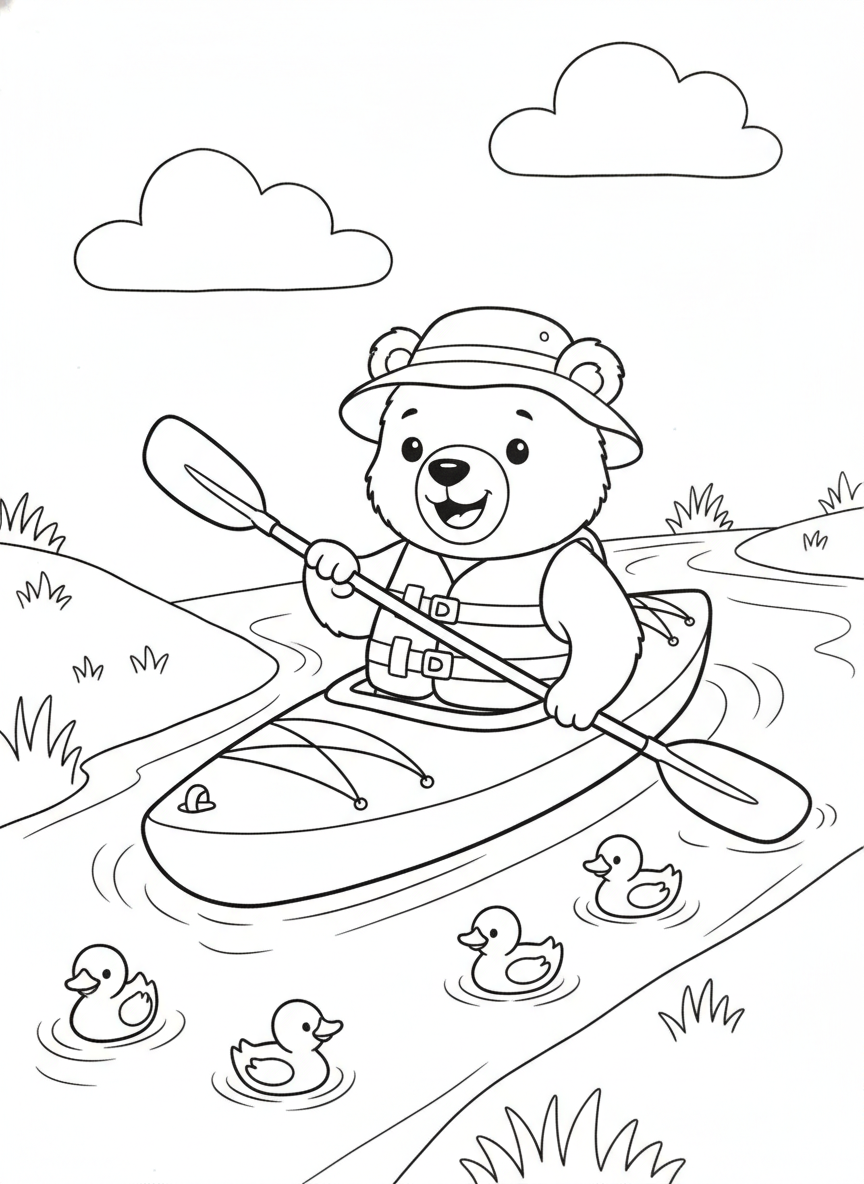 Cute Bear Kayaking Adventure: A Fun Coloring Page for Kids