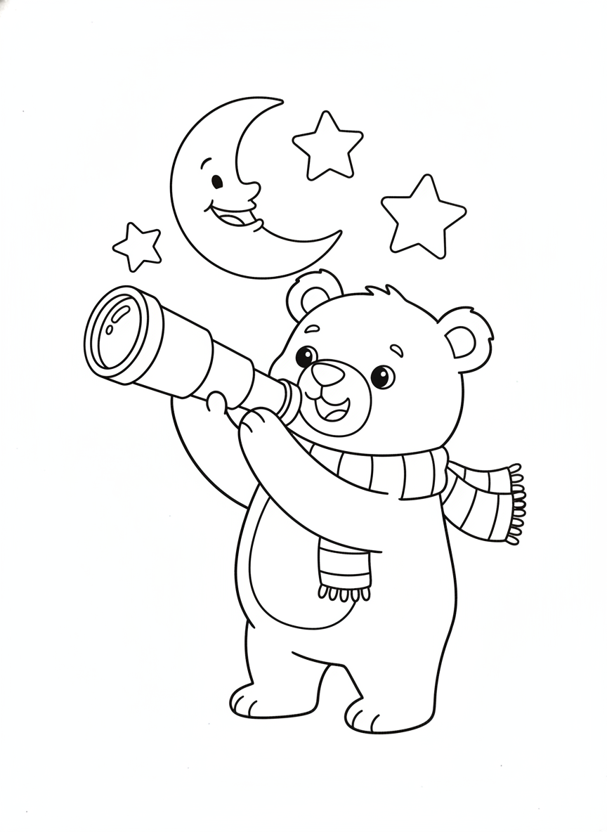 Cute Bear Stargazer Coloring Page for Kids