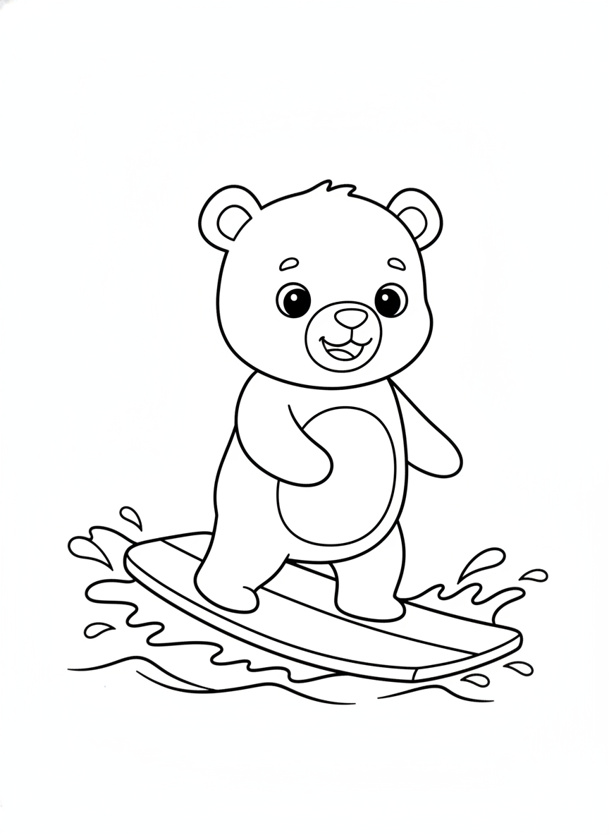 Cute Bear Wakeboarding Adventure Coloring Page for Kids