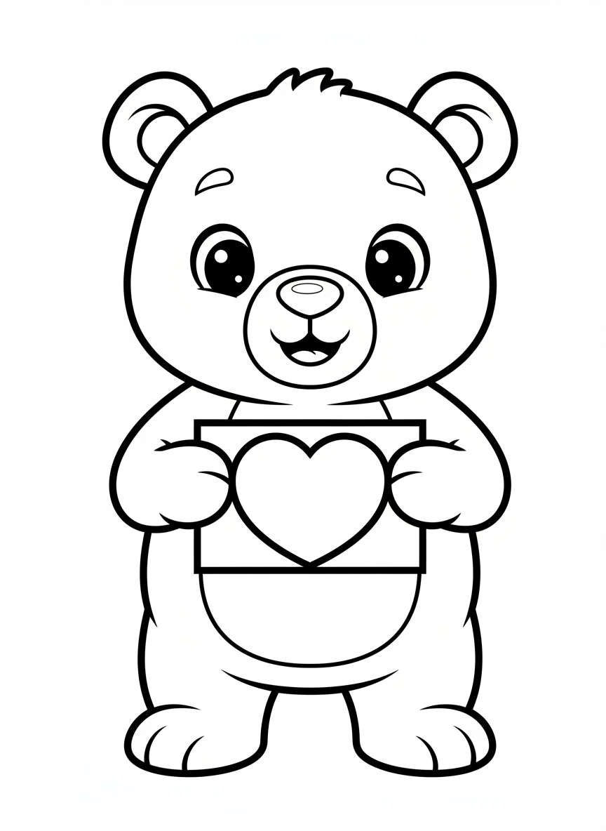 Cute Bear with Heart Card Coloring Page for Kids