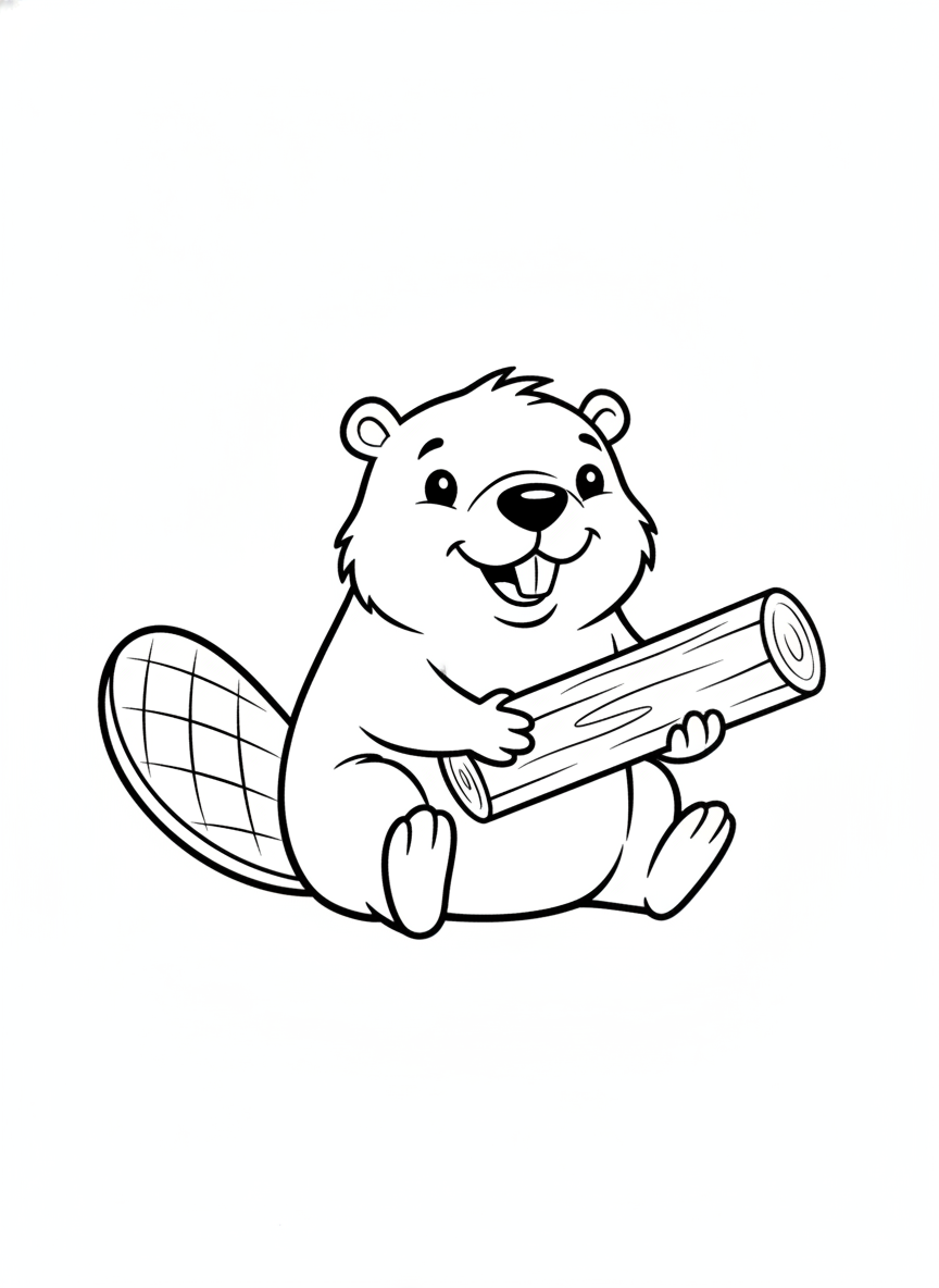 Cute Beaver Hugging Log Coloring Page for Kids