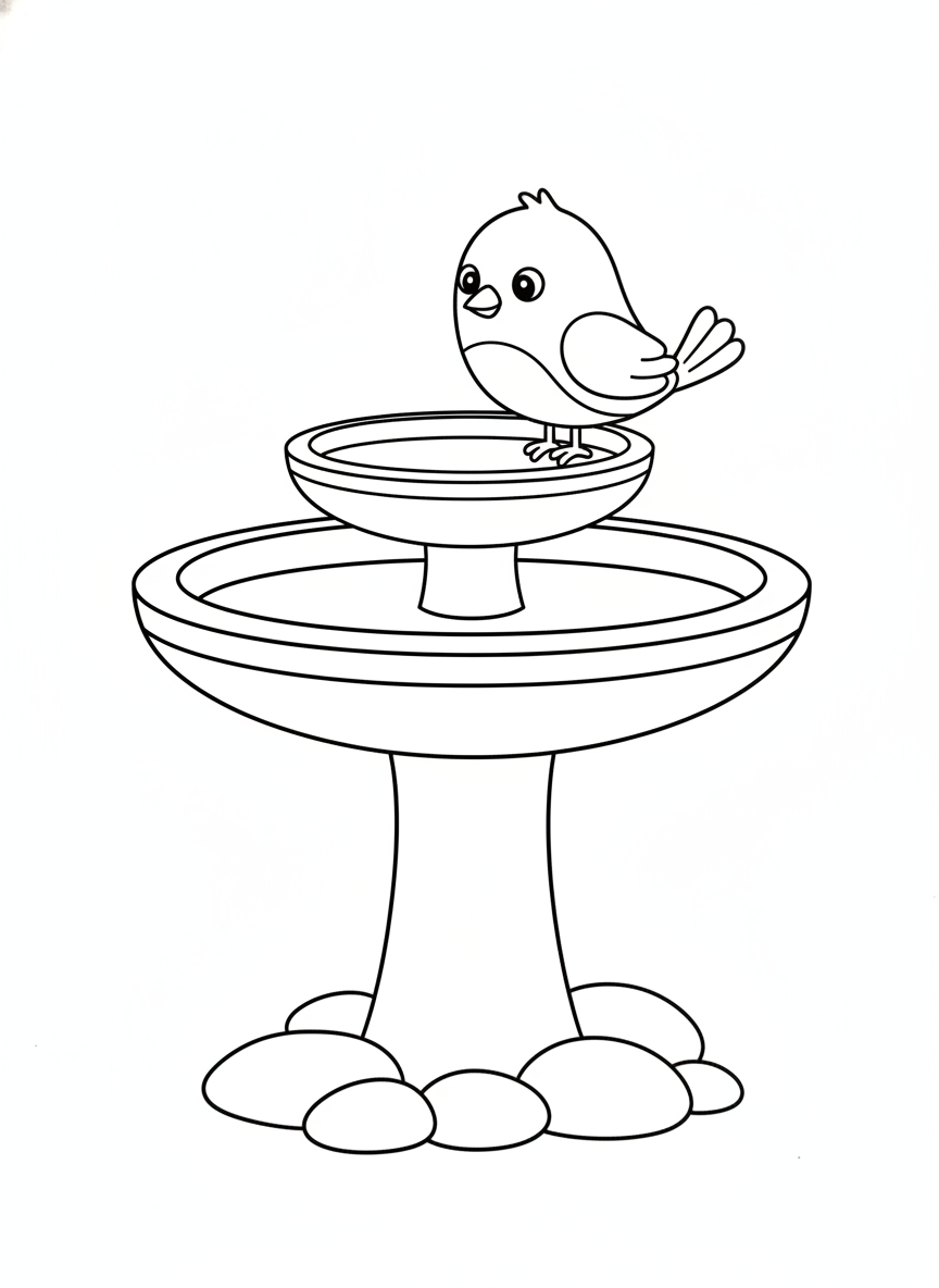 Cute Bird on a Simple Tiered Bird Bath Coloring Page