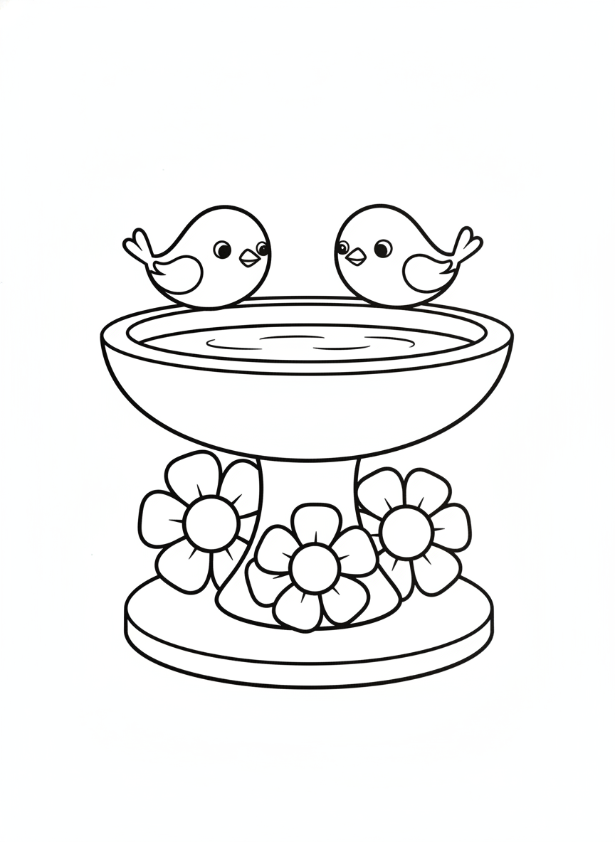 Cute Birds at a Simple Bird Bath Coloring Page