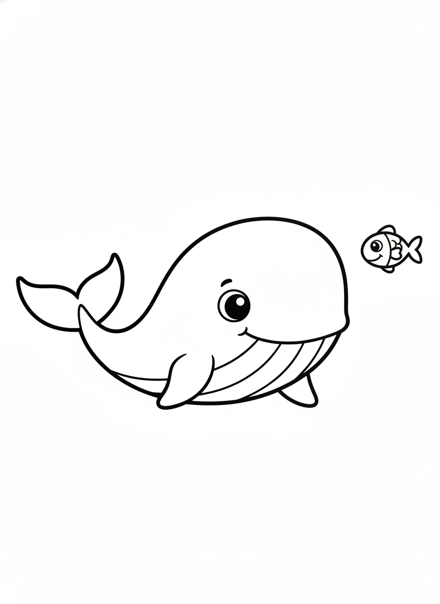 Cute Blue Whale & Happy Fish: Simple Ocean Coloring Page for Kids