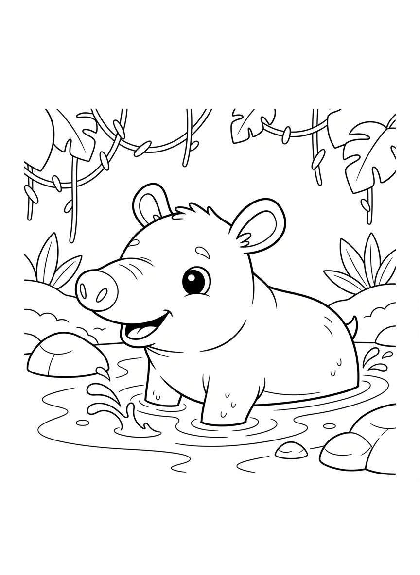 Cute Brazilian Tapir Splashing in Jungle River Coloring Page