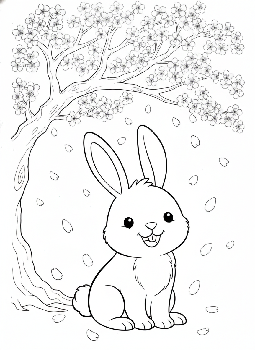 Cute Bunny Under Cherry Blossoms: Kids Spring Coloring Page Fun