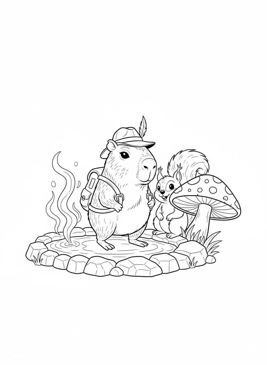 Cute Capybara Explorer at Hot Spring Coloring Page