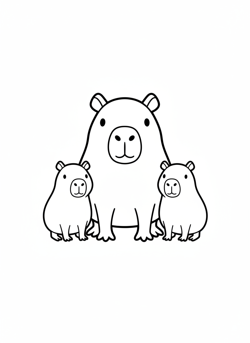 Cute Capybara Family Coloring Page for Kids