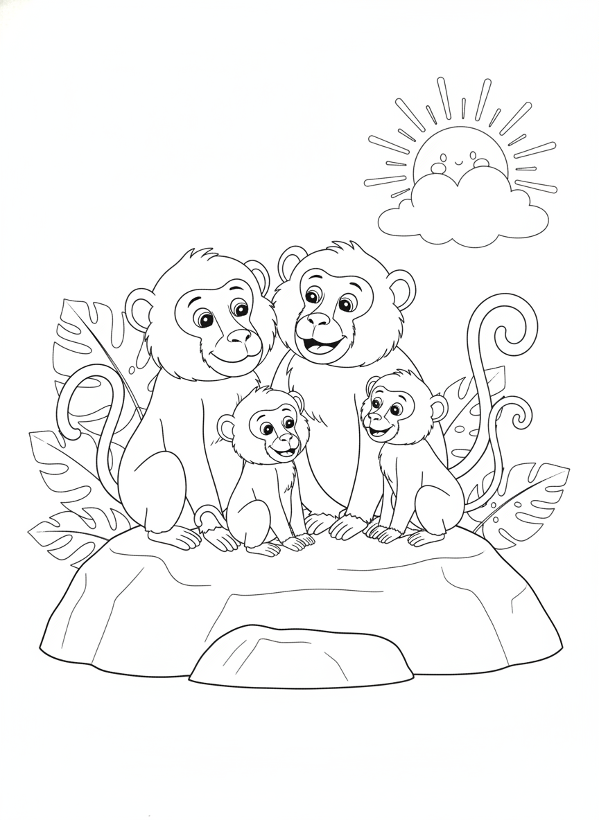 Cute Cartoon Baboon Family Coloring Page for Kids