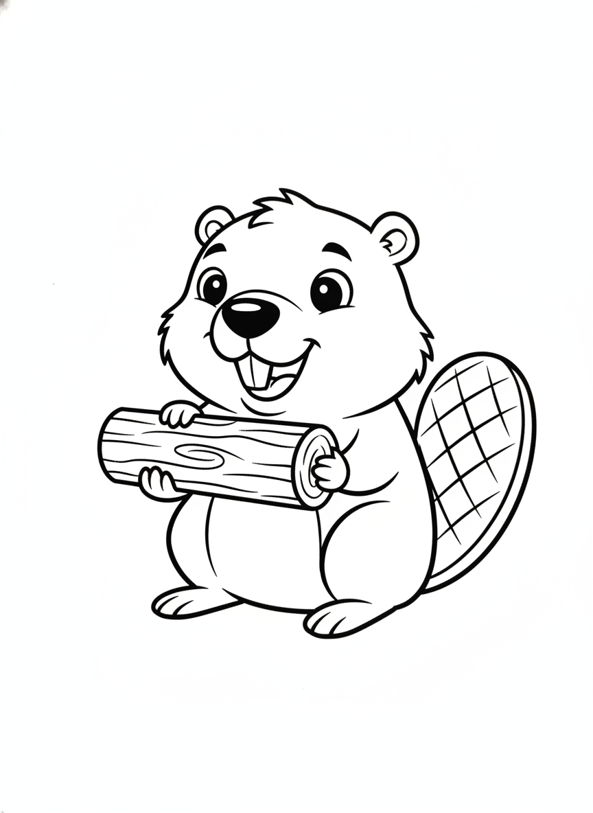 Cute Cartoon Beaver Gnawing Log Coloring Page for Kids