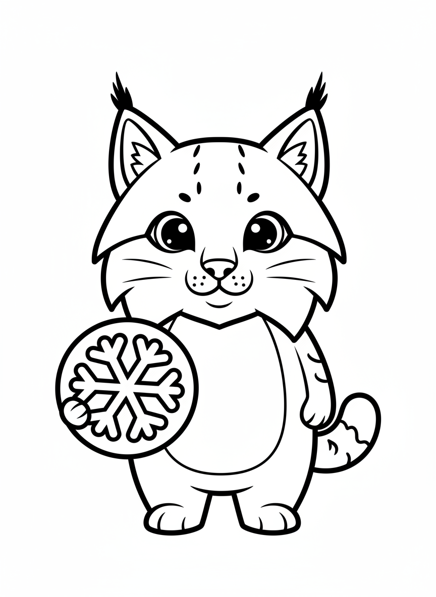 Cute Cartoon Canadian Lynx with Snowflake Coloring Page