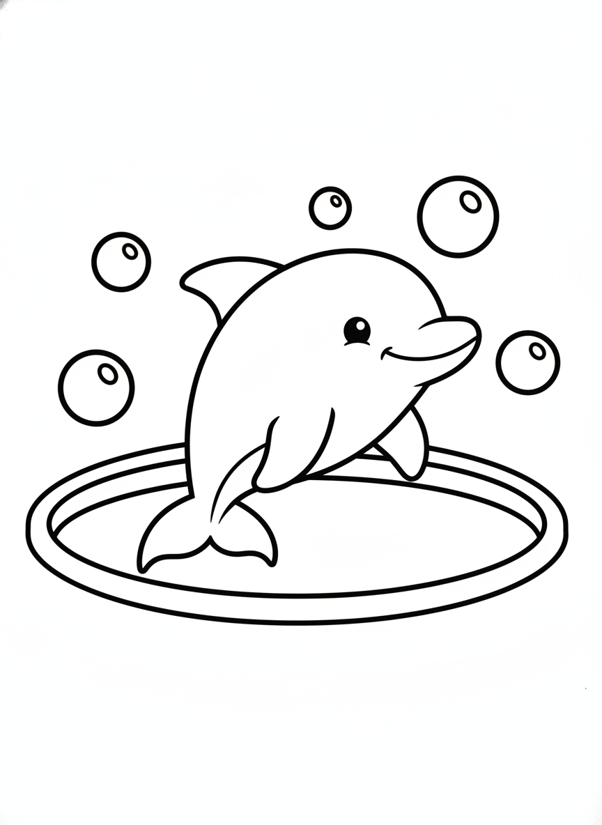 Cute Cartoon Dolphin in Simple Pool Coloring Page for Kids