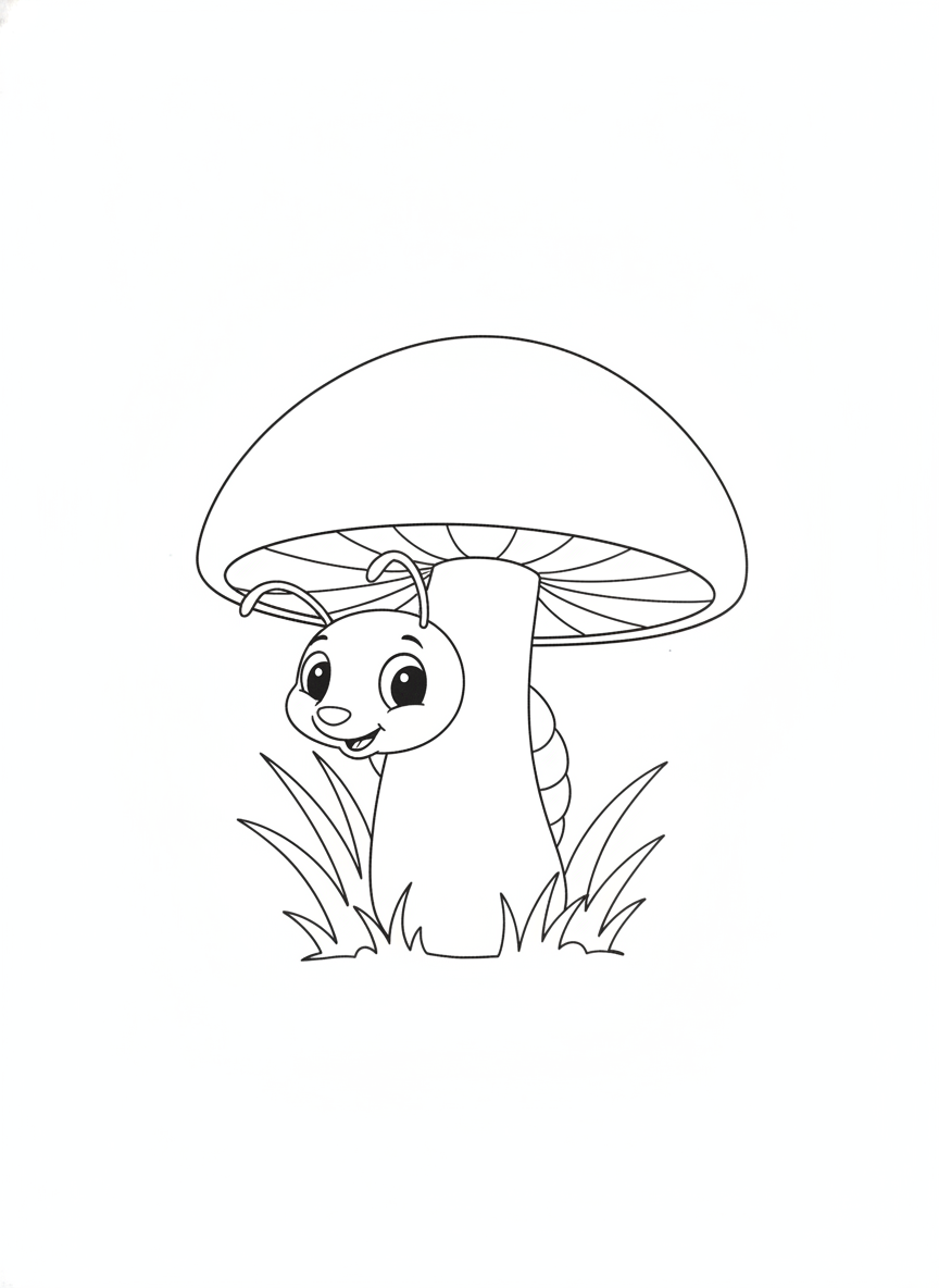 Cute Cartoon Earwig Under Mushroom Coloring Page for Kids