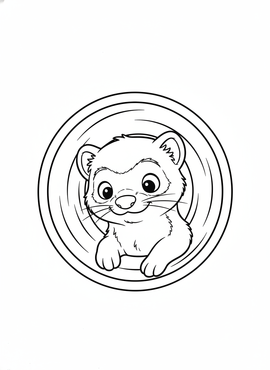 Cute Cartoon Ferret Peeking from a Tunnel Kids Coloring Page