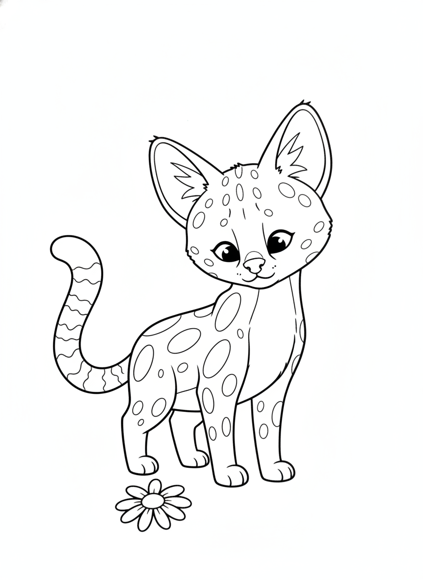 Cute Cartoon Serval with Daisy Coloring Page for Kids