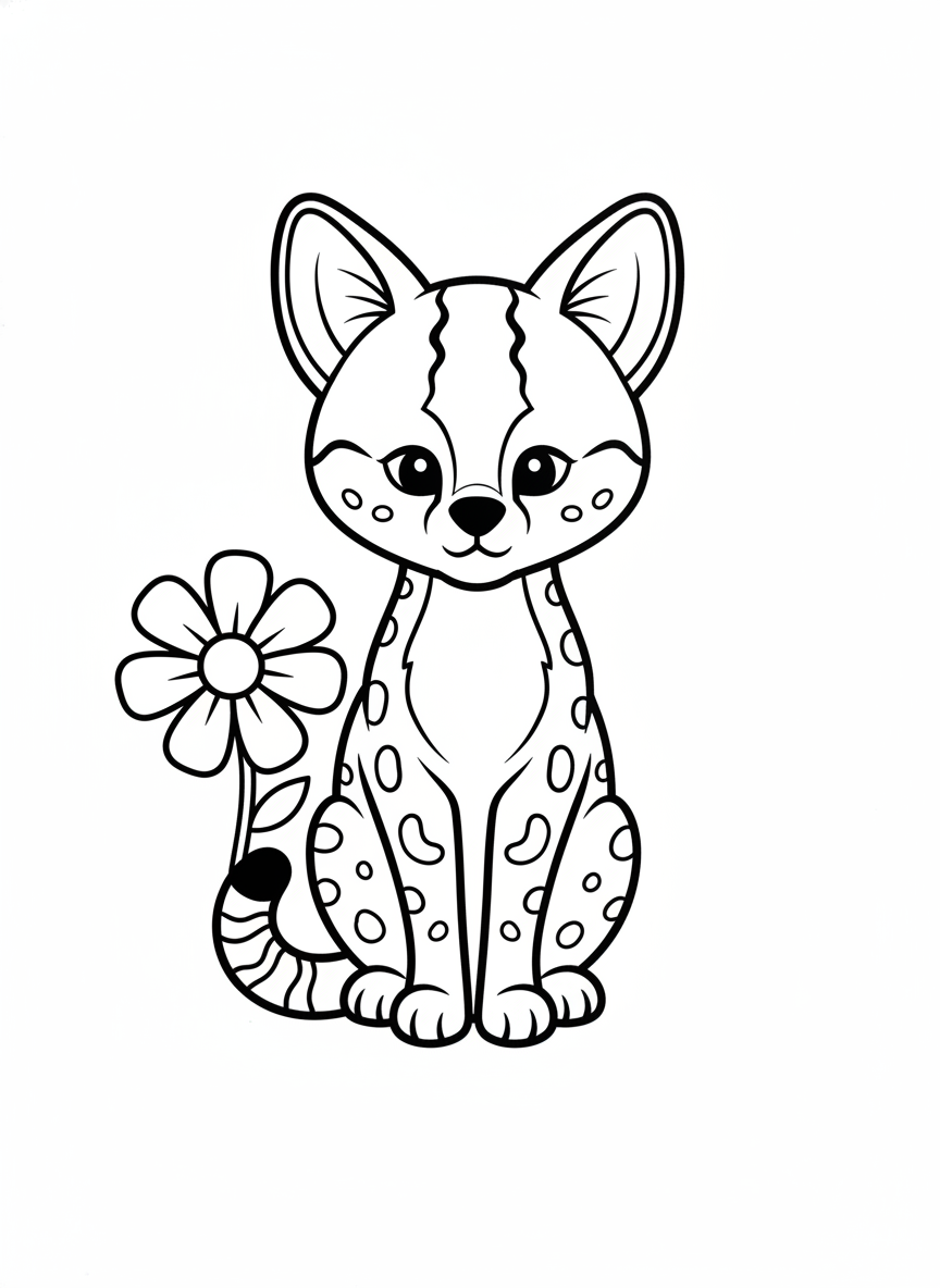 Cute Cartoon Serval with Flower Coloring Page for Kids