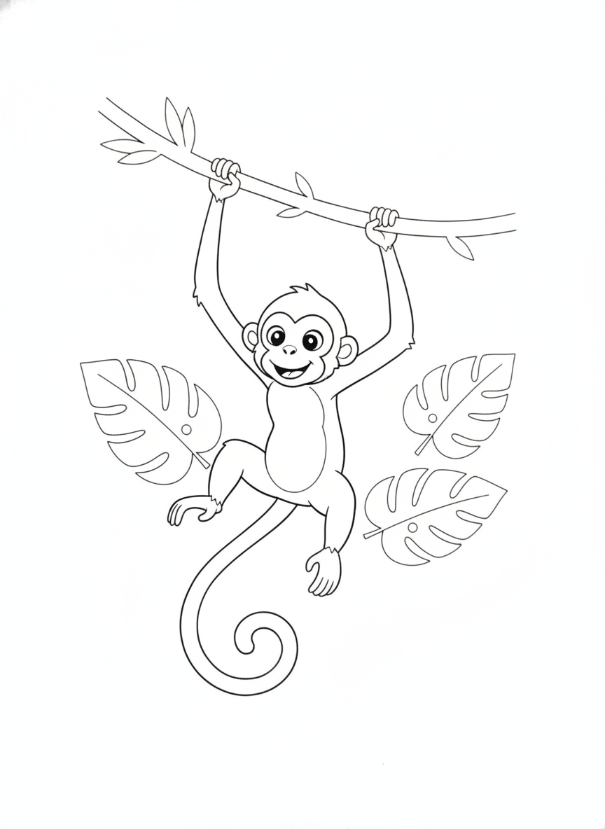 Cute Cartoon Spider Monkey Swinging on a Jungle Vine Coloring Page