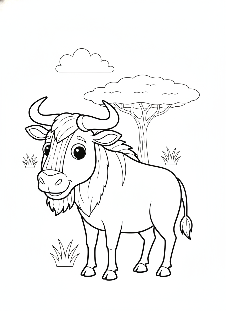 Cute Cartoon Wildebeest in Savanna Coloring Page
