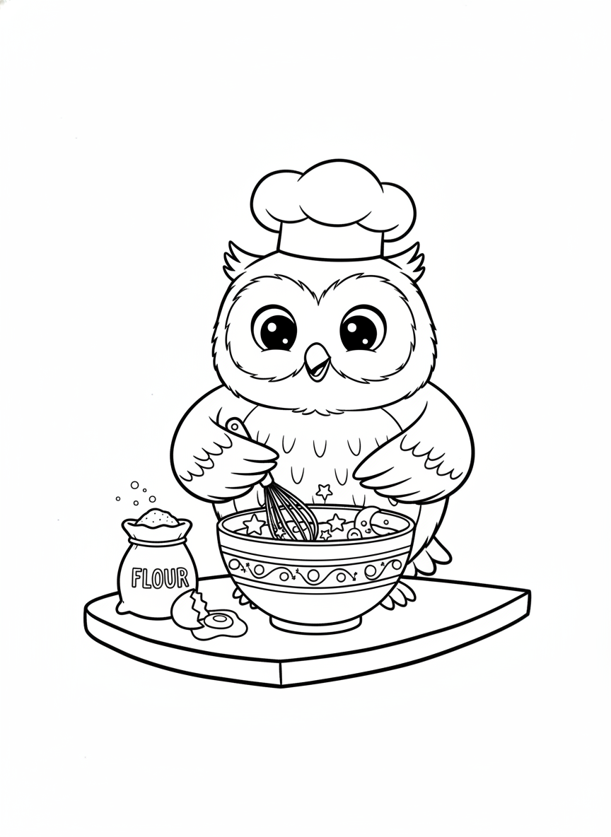 Cute Chef Owl Baking Stars Coloring Page