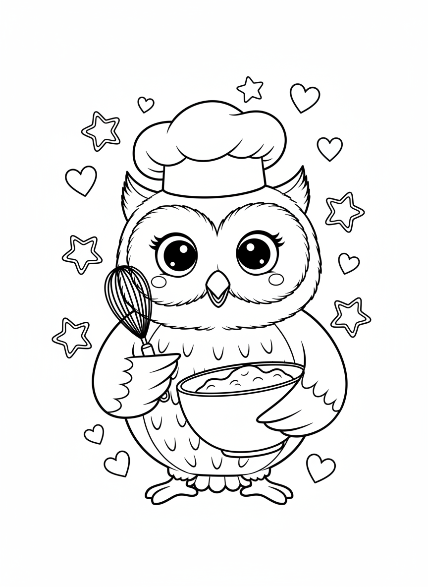 Cute Chef Owl with Star Cookies Coloring Page