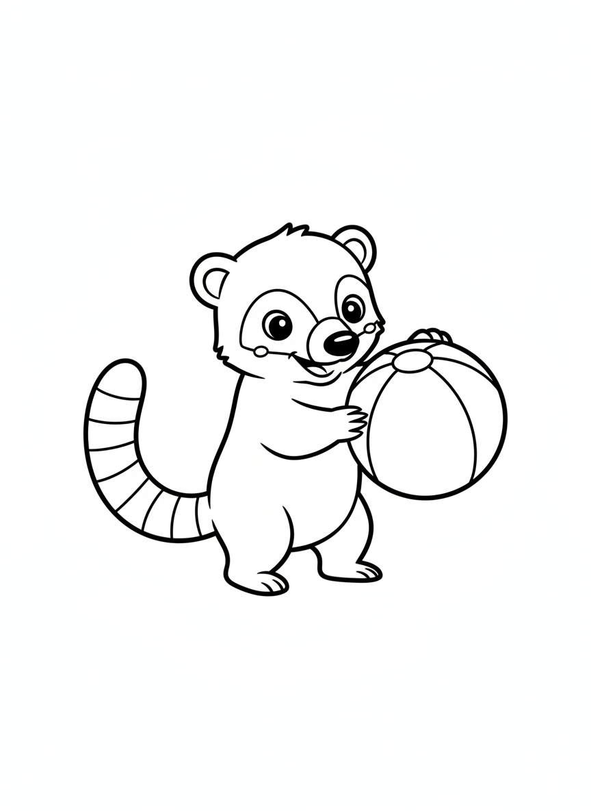 Cute Coati Playing with Ball Coloring Page for Kids