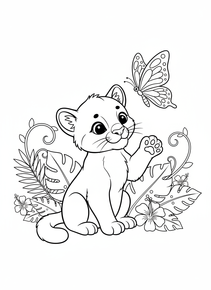 可愛美洲獅幼崽與蝴蝶著色頁