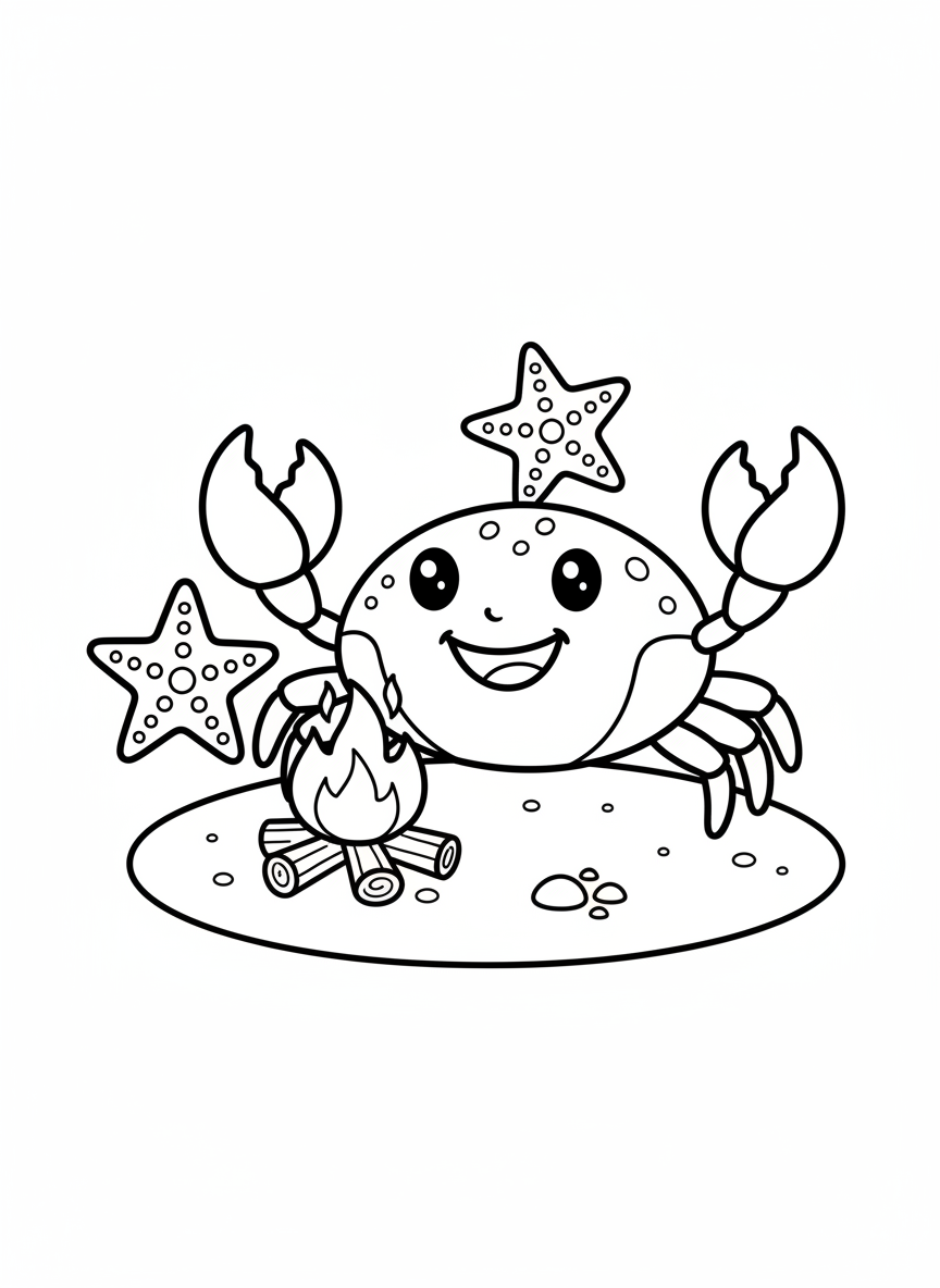 Cute Crab Beach Bonfire Coloring Page