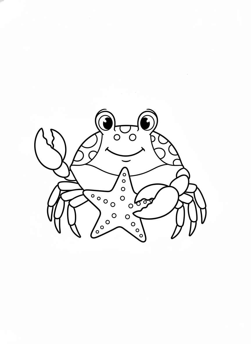 Cute Crab with Starfish Coloring Page for Kids