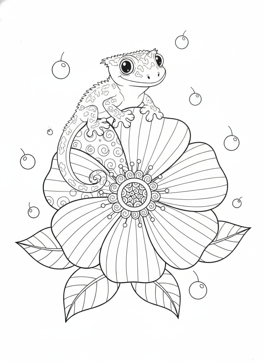 Cute Crested Gecko on Exotic Flower Coloring Page for Kids