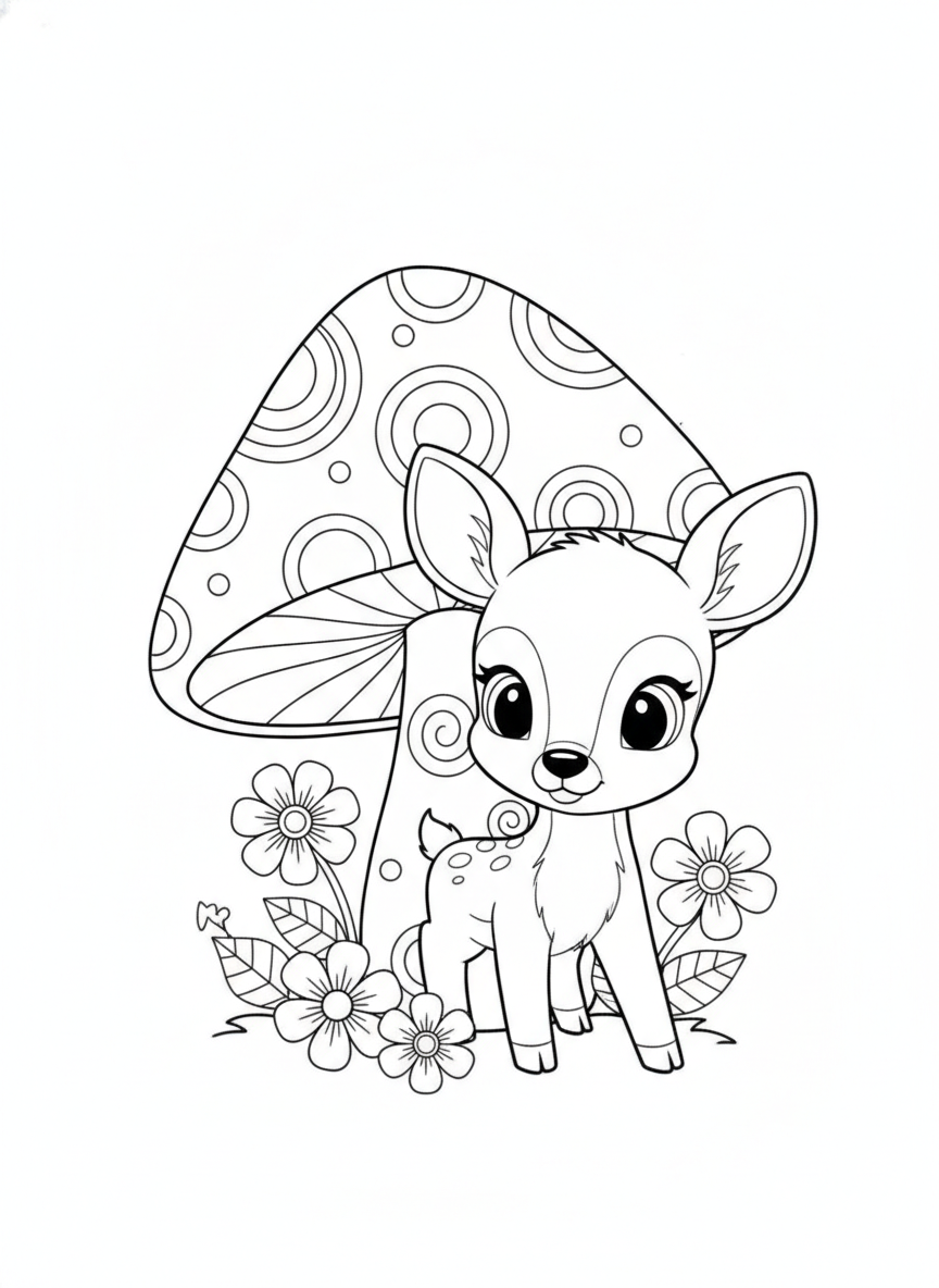 Cute Curious Deer with Whimsical Mushroom Coloring Page for Kids