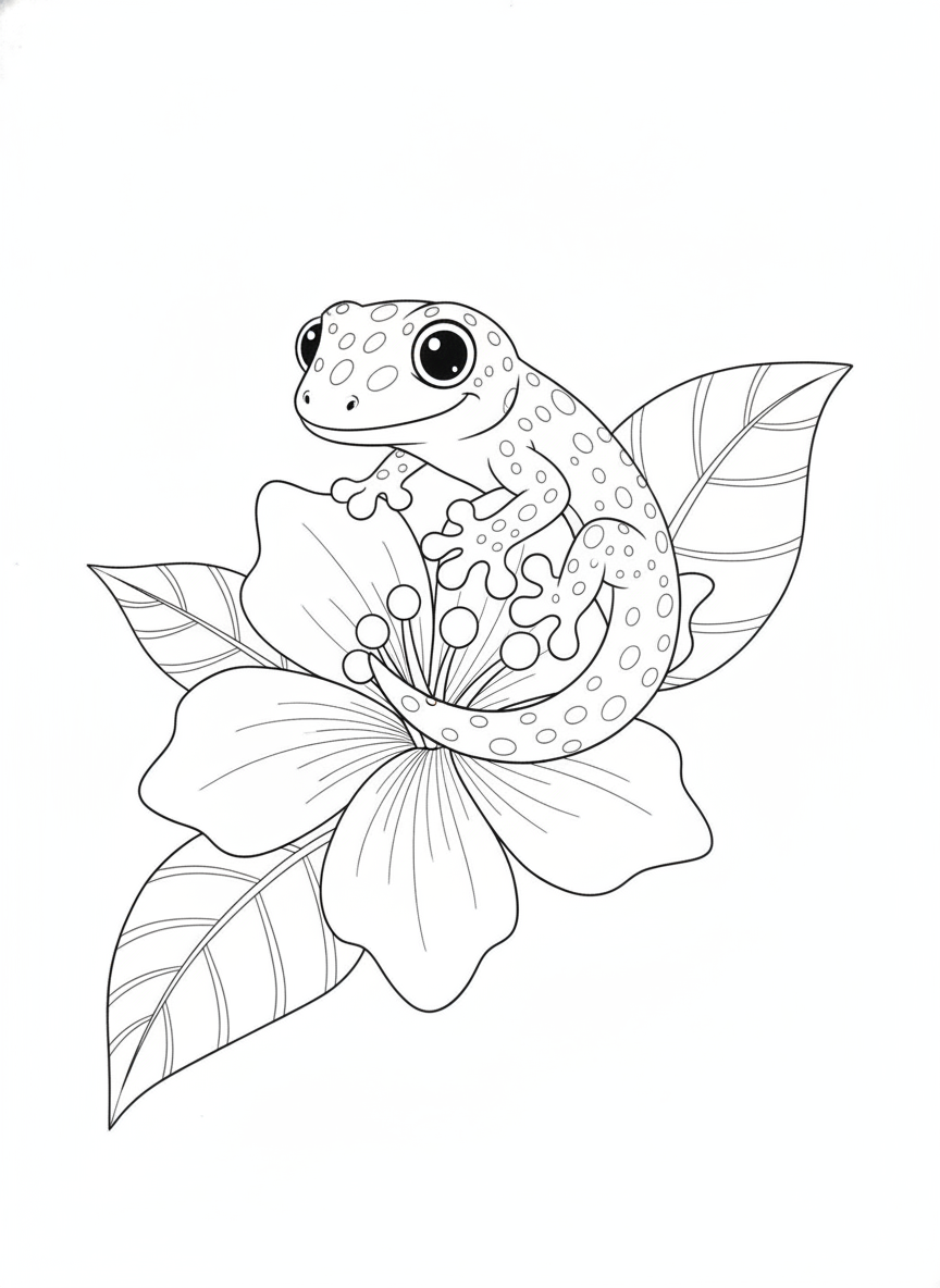 Cute Day Gecko on Tropical Flower Coloring Page for Kids