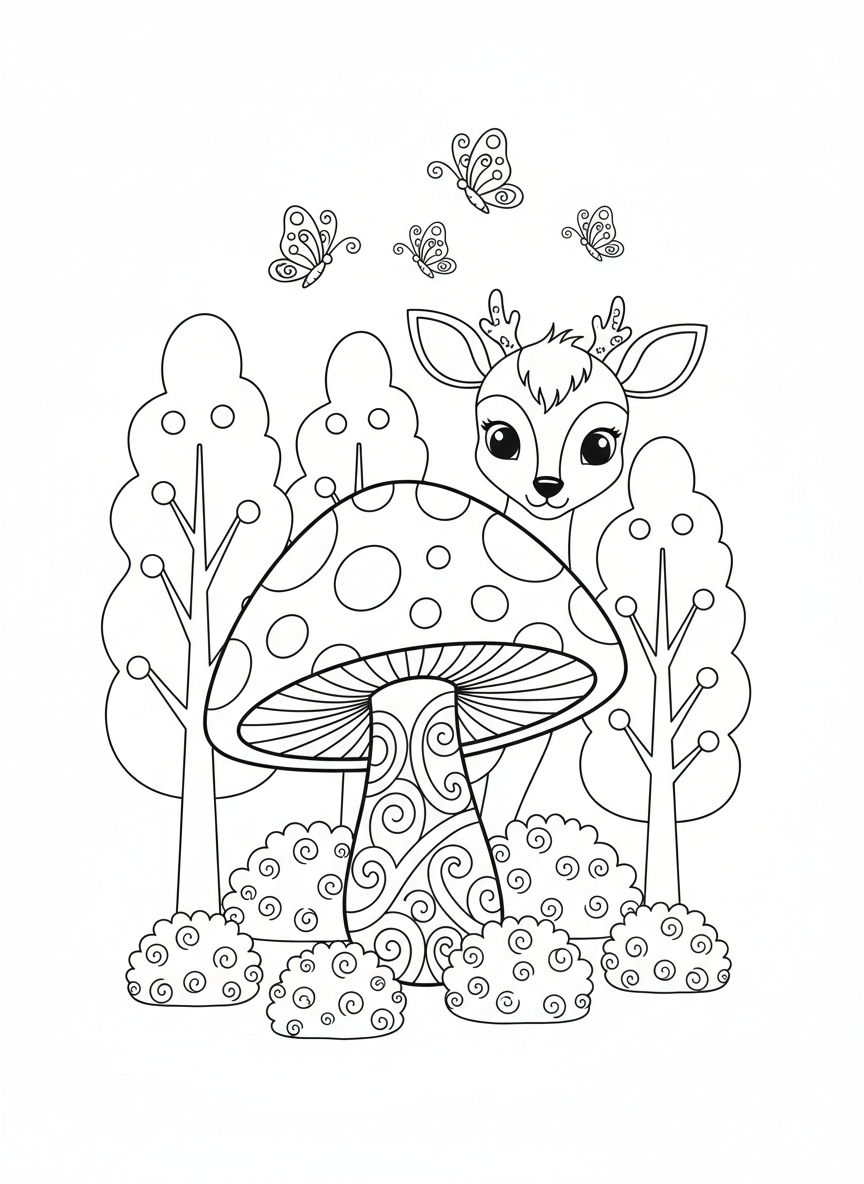 Cute Deer Peeking from Mushroom