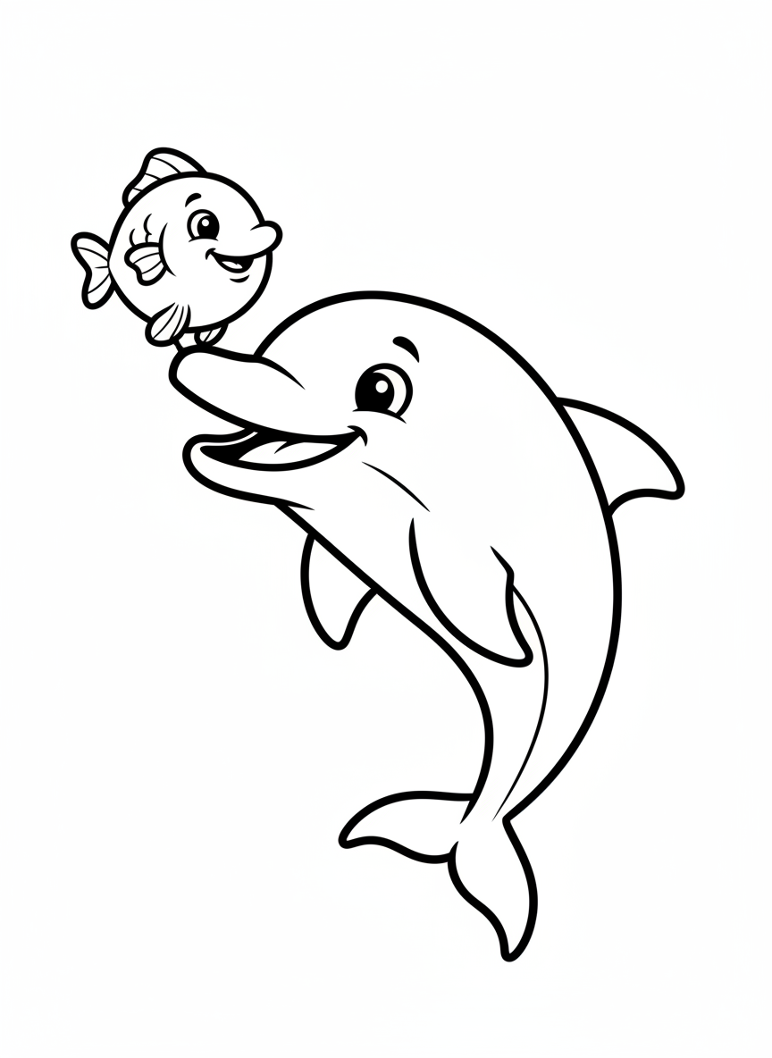 Cute Dolphin & Fish Coloring Page