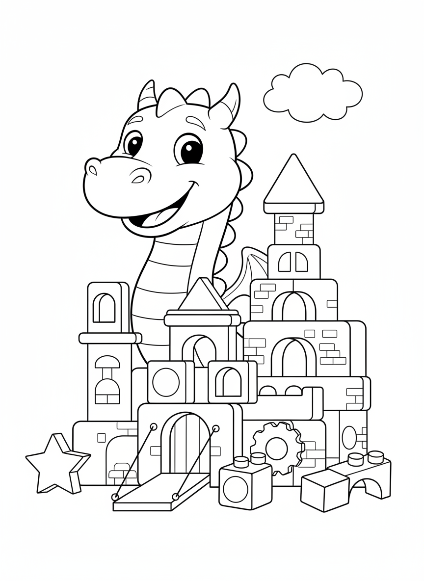 Cute Dragon & Block Castle Coloring Fun