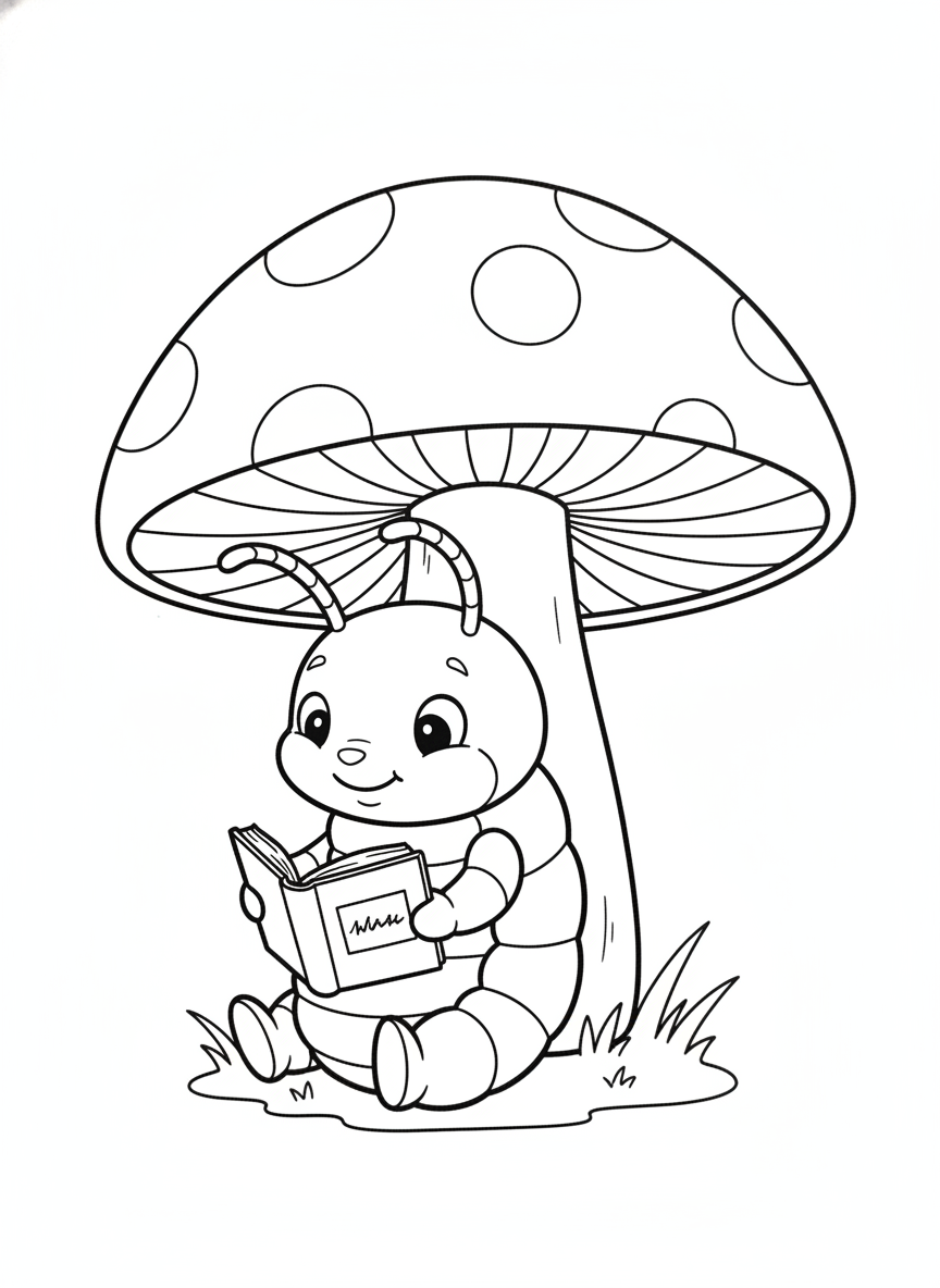 Cute Earwig Reading Under a Mushroom: A Fun Coloring Page for Kids
