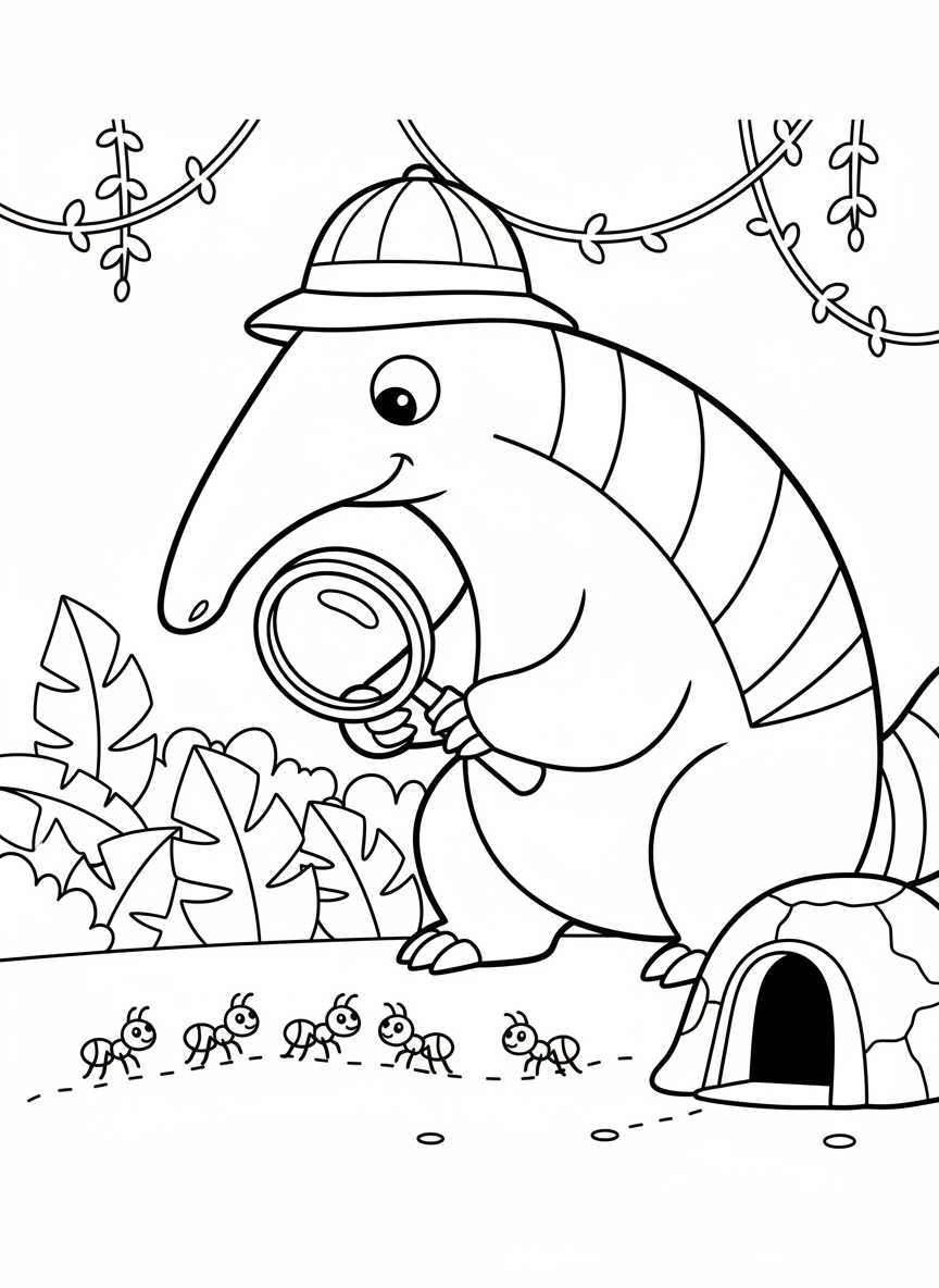 Cute Explorer Anteater & Ants Coloring Page